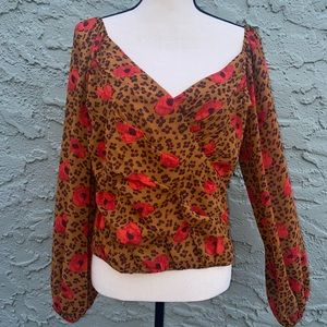 Astr Brown Floral Wrap Blouse with Red Poppies